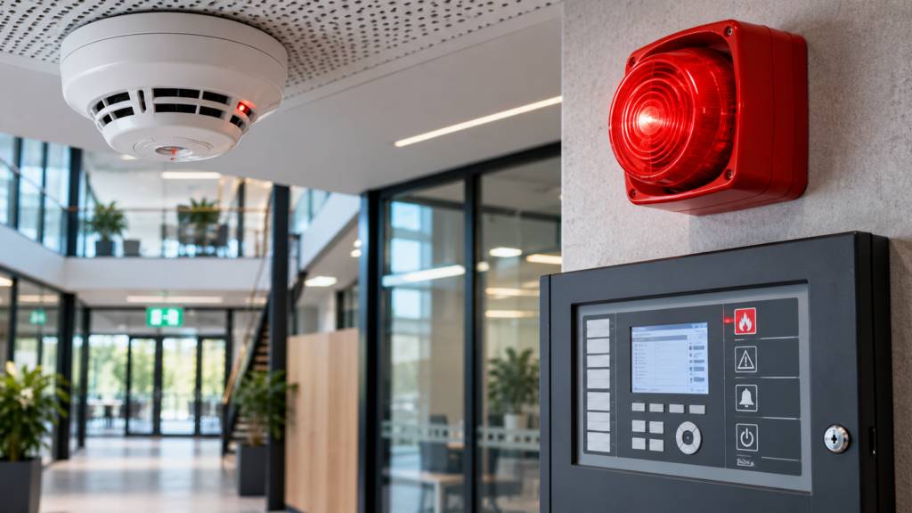 Brandalarm en waarschuwing met rookdetector, rode alarmsirene en brandmeldcentrale in een modern bedrijfsgebouw.